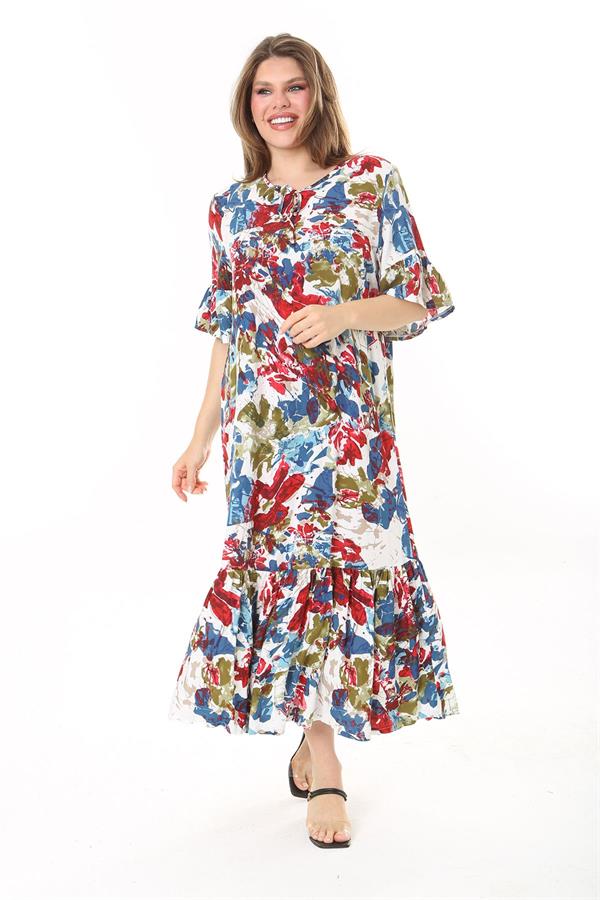 Kadın Büyük Beden Mavi Dokuma Viskon Kumaş Eteği Katlı Kısa Kollu Elbise 65N37868