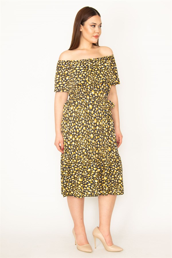 KADIN KEMİK PUAN DESEN YAKASI LASTİK VE VOLAN DETAYLI ETEĞİ KATLI DOKUMA VİSKON KUMAŞ ELBİSE