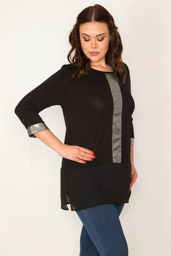 Kadın Siyah Lame Detaylı Etek Ucu Şifon Tunik 65N32079