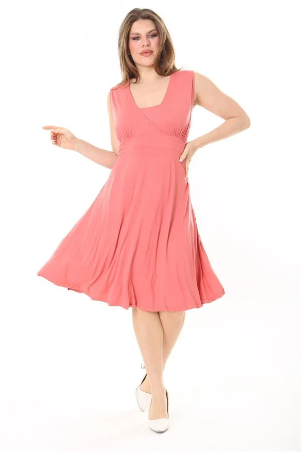 Kadın Haki Anvelop Yakalı Arka Bel Lastikli Kolsuz Likralı Viskon Elbise 65N37872