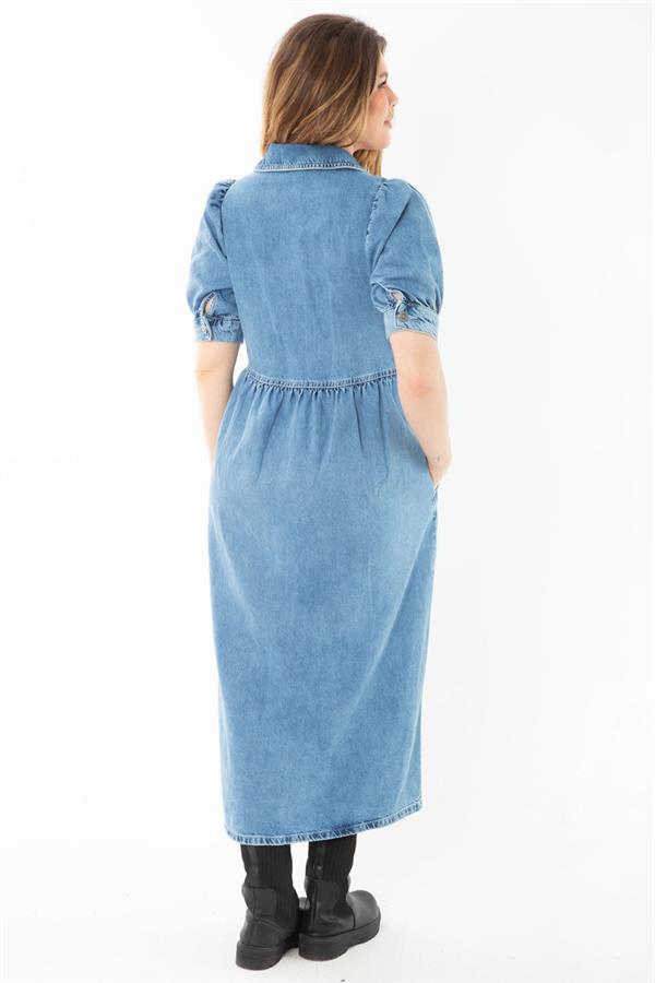 Kadın Büyük Beden Mavi Ön Pat Fermuarlı Kot Elbise 65N37377