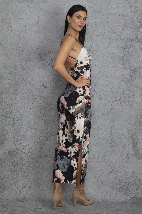 Kadın Renkli Askılı Yanları Lastik Detaylı Sırt Dekolteli Elbise