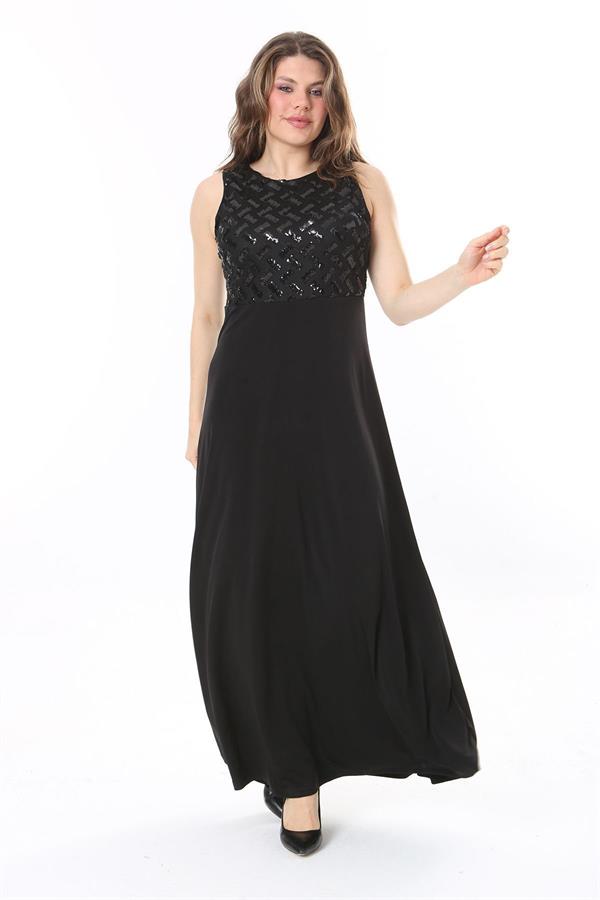 Kadın Büyük Beden Siyah Payet Detaylı Elbise 65N37955