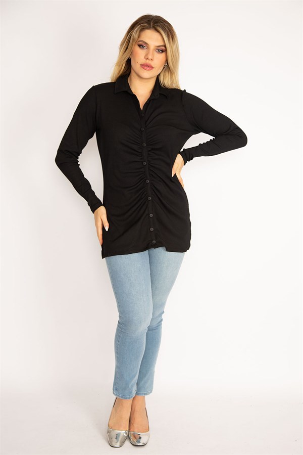 Kadın Siyah Ön Düğmeli Büzgü Detaylı Likralı Bluz 65N34856