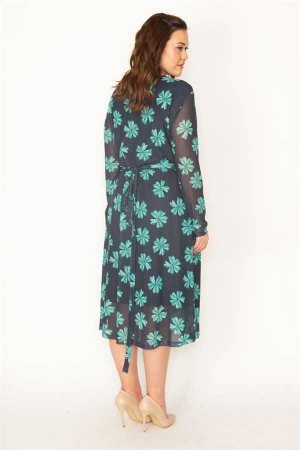 KADIN SİYAH KOLLARI TÜL BEDENİ ASTARLI KUŞAK BAĞLAMALI ÖNÜ AÇIK ANVELOP ELBİSE