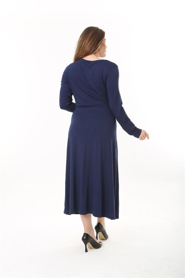 Kadın Büyük Beden Lacivert Öpücük Yakalı Uzun Kollu Elbise 65N37558