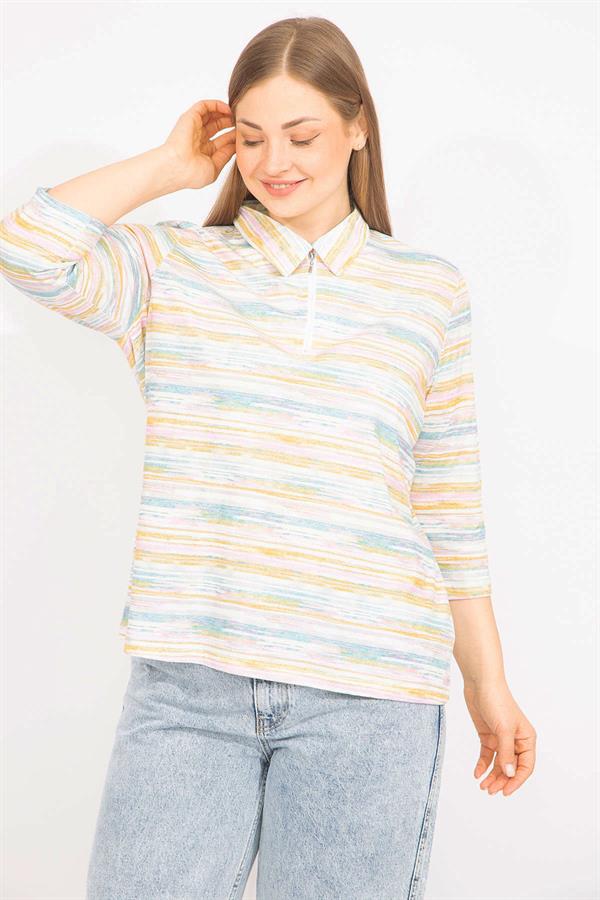 Kadın Renkli Büyük Beden Pamuklu Kumaş Ön Pat Fermuarlı Renkli Bluz 65N35570