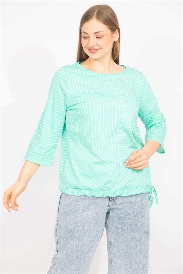 Kadın Lacivert Büyük Beden Pamuklu Kumaş Çizgi Kombinli Bluz 65N35571