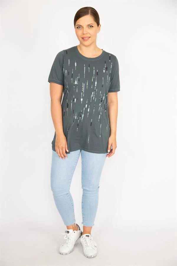 Kadın Büyük Beden Bebe Mavisi Payet Ve Taş İşli Bisiklet Yakalı Bluz