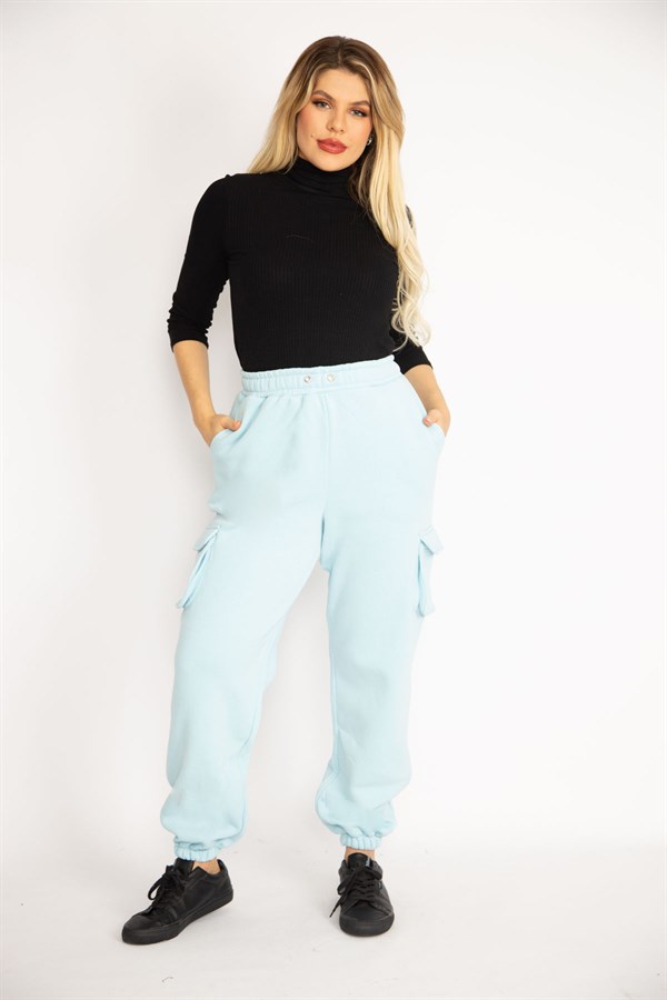 Kadın Mavi İçi Şardonlu 3 İplik Kargo Cepli Eşofman Alt 65N35097