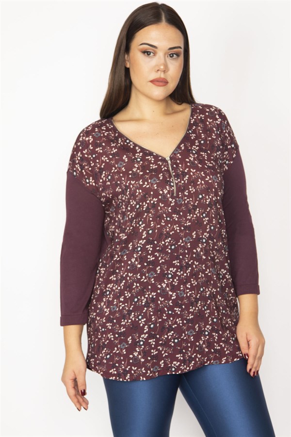 Kadın Mürdüm Ön Desenli Fermuar Patlı Kapri Kol Bluz 65N34386
