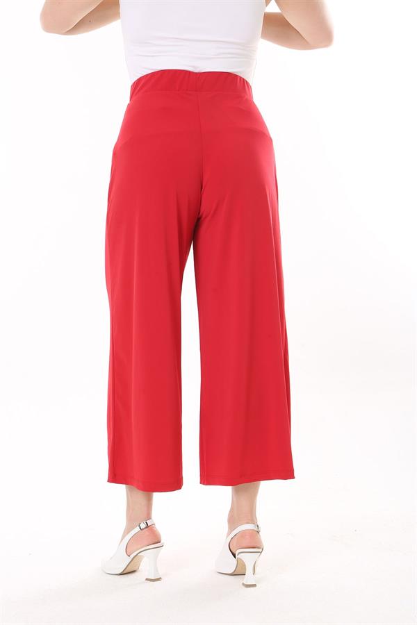 Kadın Büyük Beden Kırmızı Geniş Paçalı Beli Lastikli Likralı Sandy Kumaş Pantolon 65N37443