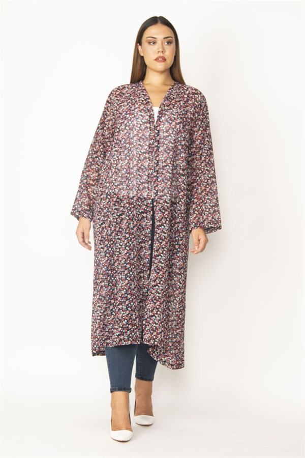 Kadın Kırmızı Şifon Kumaş Desenli Uzun Hırka 65N28497