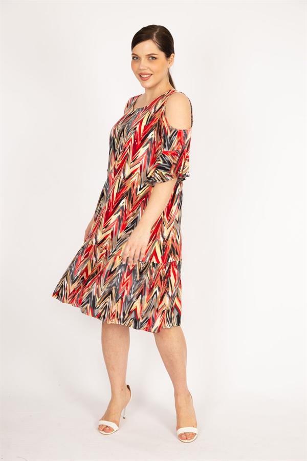 Kadın Fujya Büyük Beden Omuz Dekolteli Dokuma Viskon Kumaş Yan Cepli Elbise