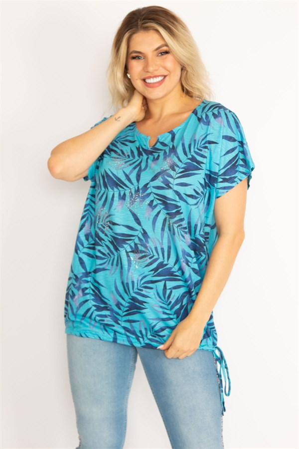 Kadın Mavi Taş Detaylı Etek Ucu Tünel Bağcıklı Bluz 65N34629