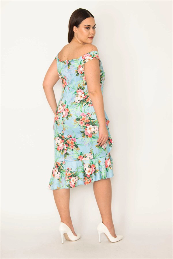 WOMEN'S COLORFUL DRESS WITH FLOUNCED WAIST AND DRAPED HEM