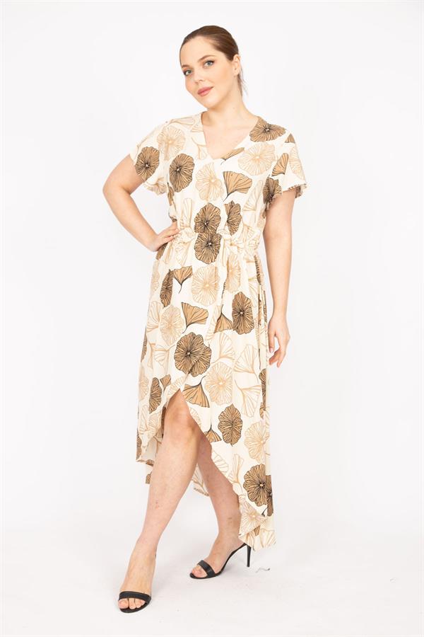 Kadın Bej Büyük Beden Dokuma Viskon Kumaş Eteği Anvelop Beli Lastikli Elbise 65N35832