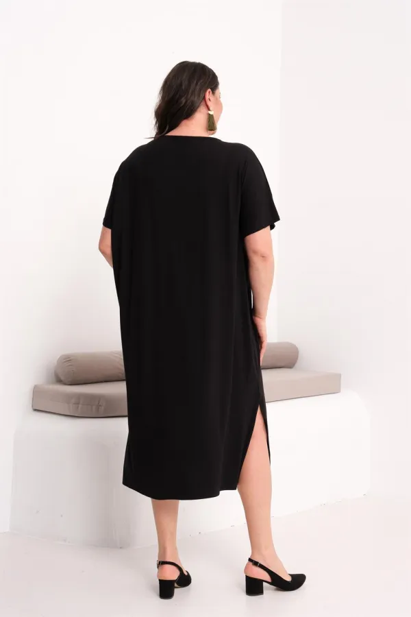 Kadın Büyük Beden Siyah, Nakış Rahat Kesim Elbise 65N39442