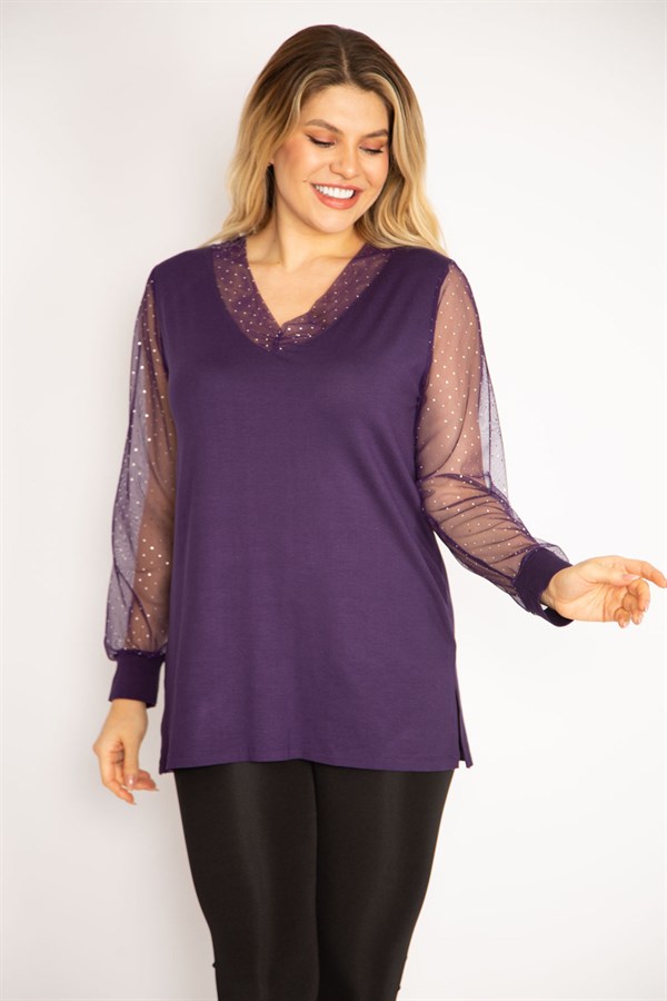 Kadın Mürdüm Yaka Ve Kolları Simli Tül Bluz 65N35185