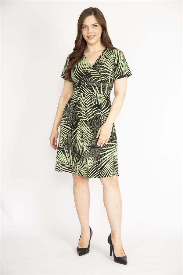 Kadın Yeşil Büyük Beden Anvelop Yakalı Elbise