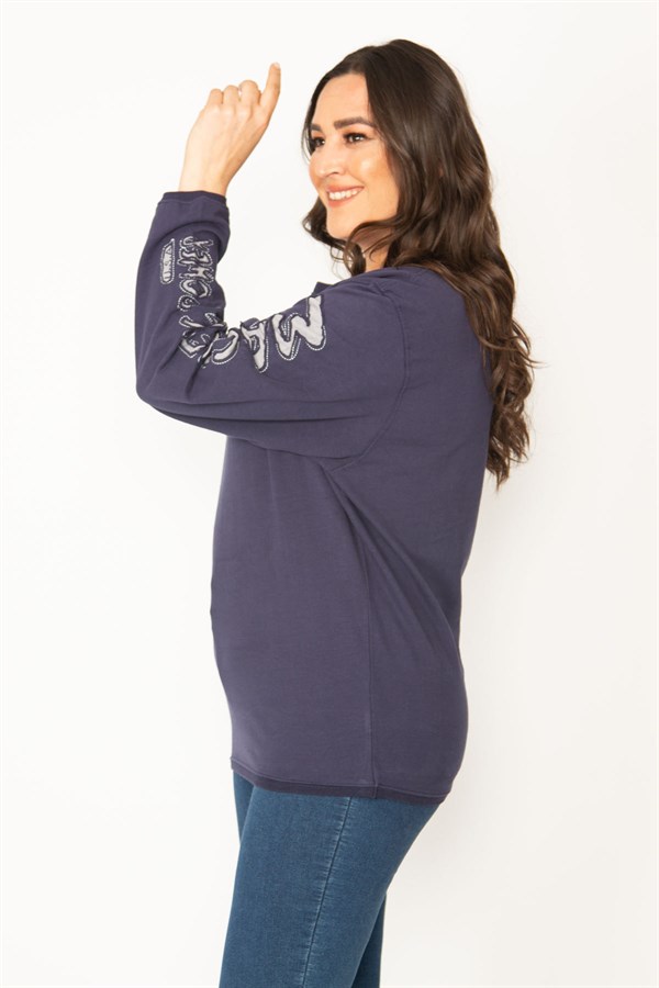 Women's Navy Blue Cotton Fabric Sleeve Applique Sweatshirt 65N31025