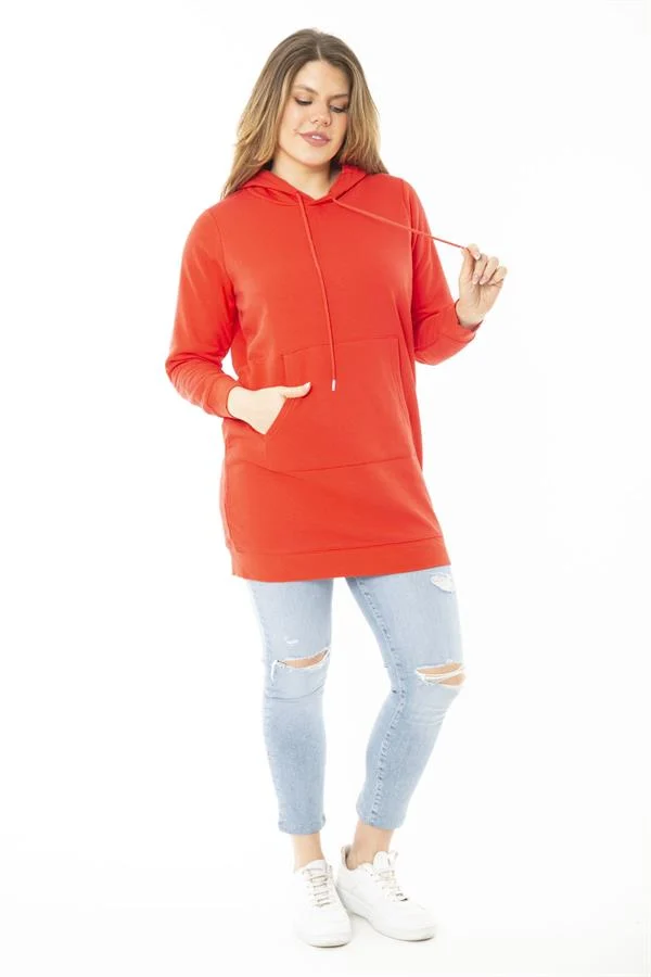 Women's Plus Size Red Double-Thread Hooded Sweatshirt with Raised Inside 65N37160