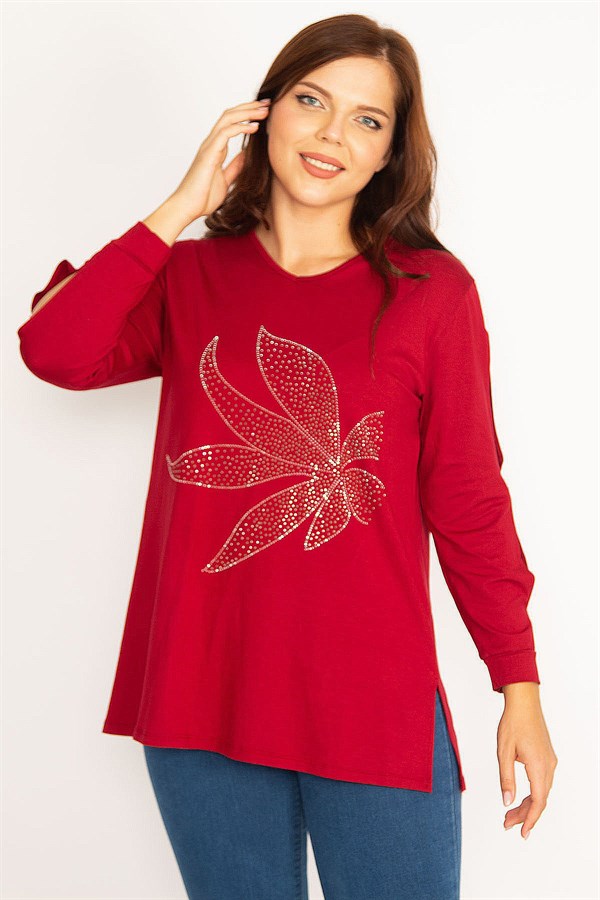 Kadın Bordo Kol Dekolteli Taş Detaylı Bluz 65N34764