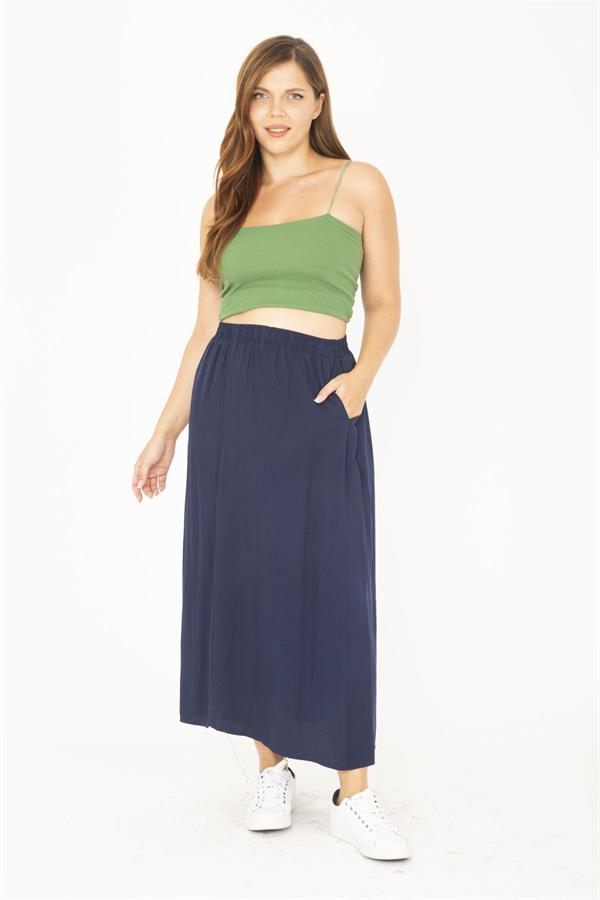 Kadın Büyük Beden Lacivert Beli Lastikli Yan Cepli Etek 65N36806