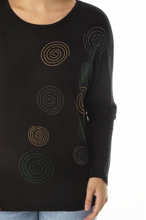 Kadın Büyük Beden Siyah Taş Detaylı Yarasa Kol Bluz 65N36864