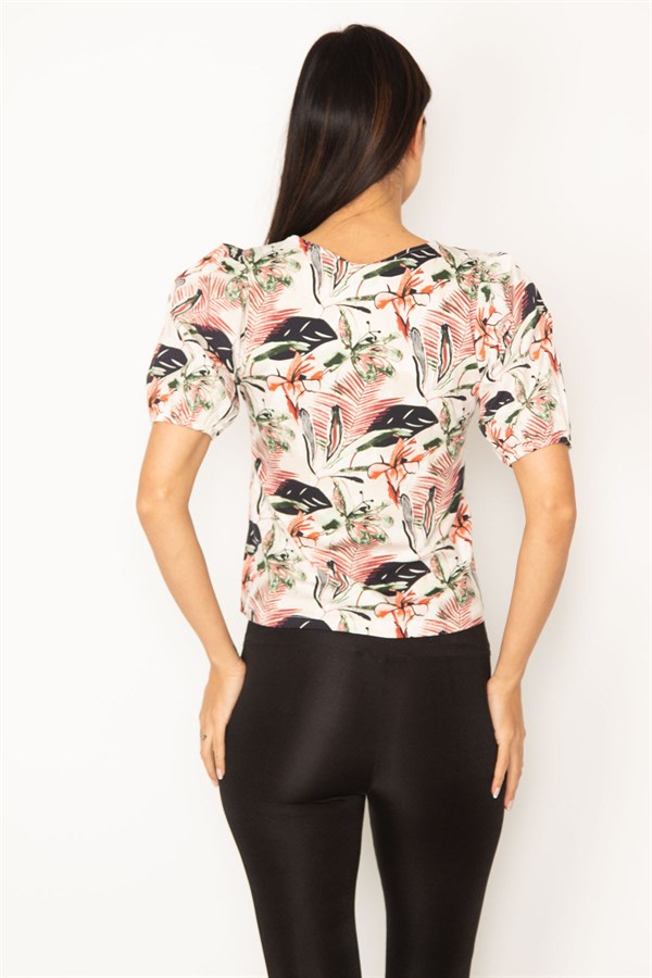 KADIN RENKLİ ÇİÇEK DESENLİ KOL DETAYLI BLUZ