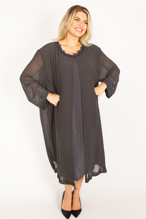 Kadın Füme Şifon Pelerinli Dantel Detaylı Abiye Elbise 65N34506