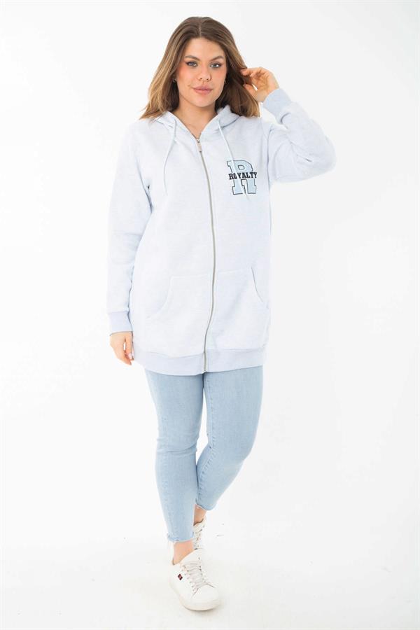 Kadın Büyük Beden Mavi İçi Şardonlu Ön Fermuar Ve Kapşonlu Sweatshirt 65N37405