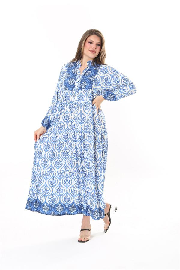 Kadın Büyük Beden Mavi Dokuma Viskon Kumaş Ön Düğmeli Uzun Elbise 65N37860