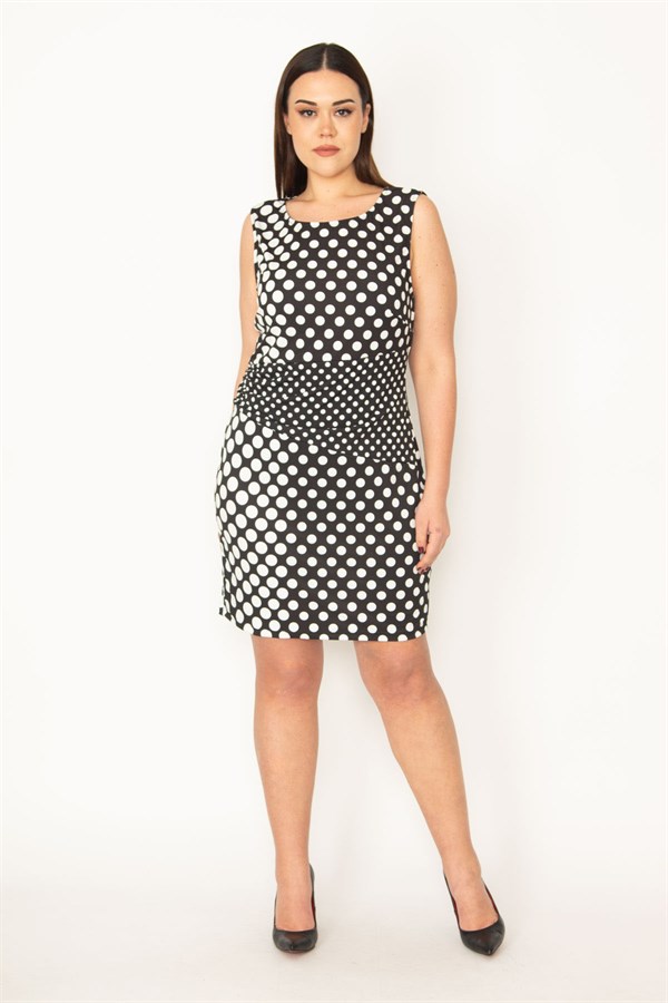 KADIN SİYAH BEL DRAPELİ PUAN DESENLİ ELBİSE