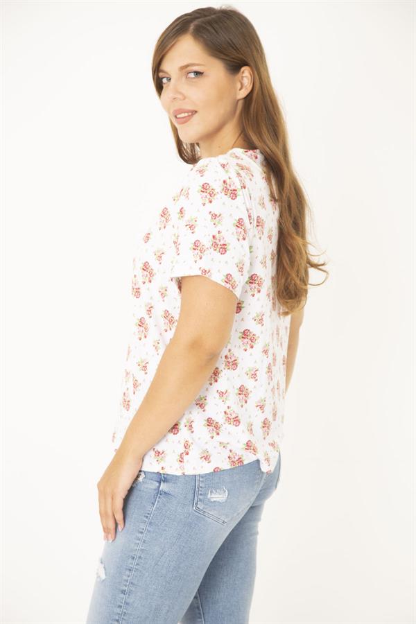 Kadın Büyük Beden Kemik Pamuk Kumaş Bisiklet Yakalı Desenli Bluz 65N36922