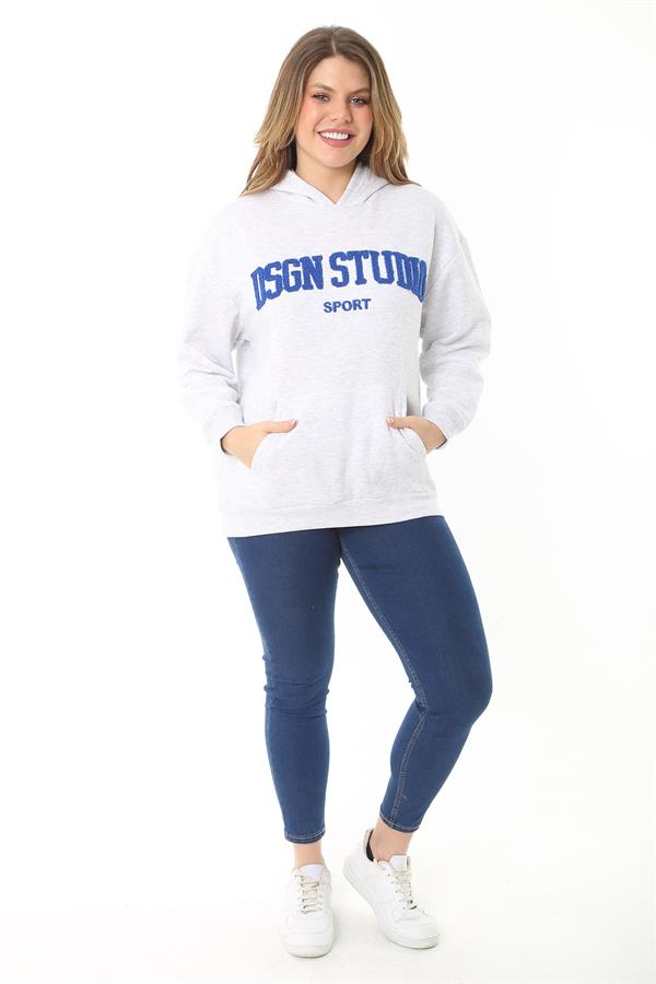 Women's Plus Size Gray Inside Raised 3 Thread Embroidery Detailed Hooded Sweatshirt 65N37126