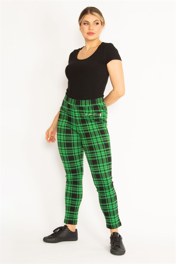 Kadın Kırmızı Ekose Desenli Süs Fermuar Cepli Tayt 65N34640