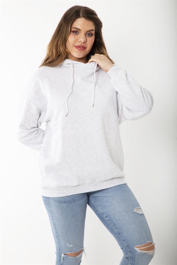Women's Plus Size Gray Three-Thread Hooded Sweatshirt with Back Print 65N37204