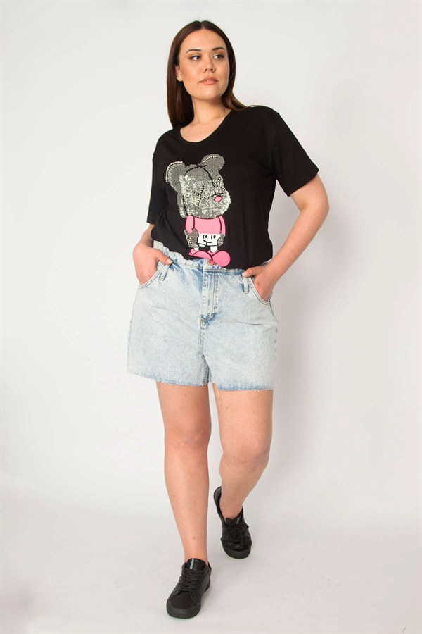 KADIN MAVİ YIKAMA EFEKTLİ PAÇASI PİS DİKİŞLİ JEAN ŞORT