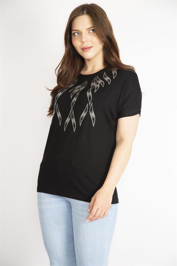 Kadın Siyah Büyük Beden Bisiklet Yaka Taş Detaylı Düşük Kollu Bluz