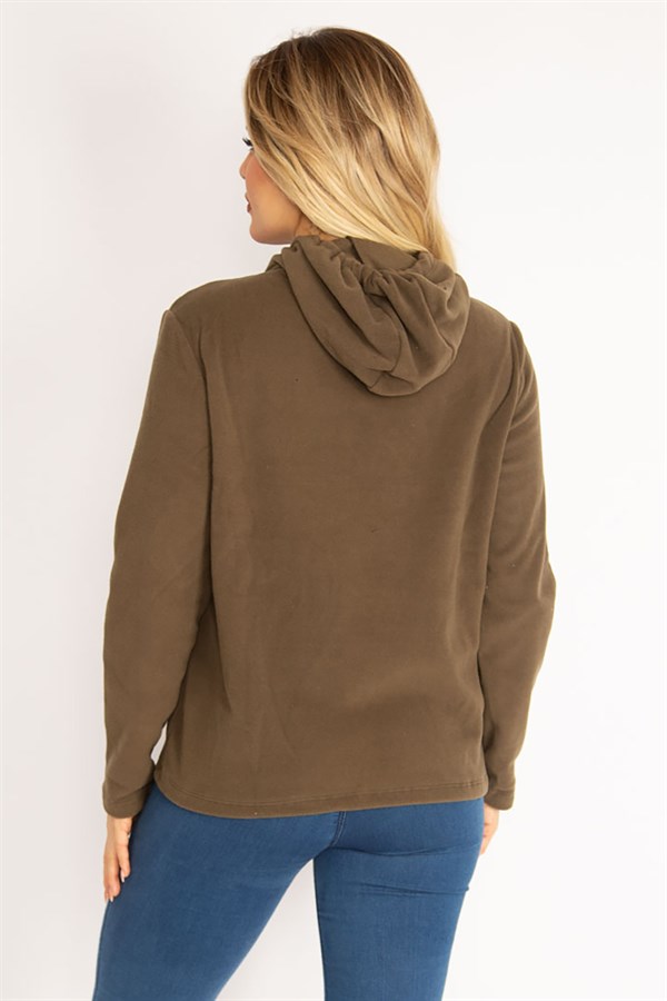 Kadın Haki Kapşonlu Kanguru Cep Polar Sweatshirt 26A35074