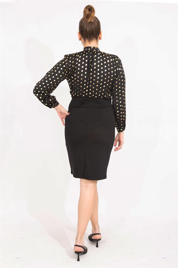 KADIN LACİVERT PUAN DESENLİ BELİ KEMERLİ ELBİSE