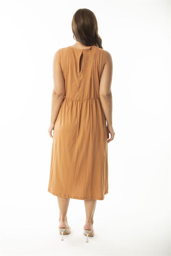 Kadın Büyük Beden Oranj Beli Lastik Detaylı Kolsuz Elbise 65N36903