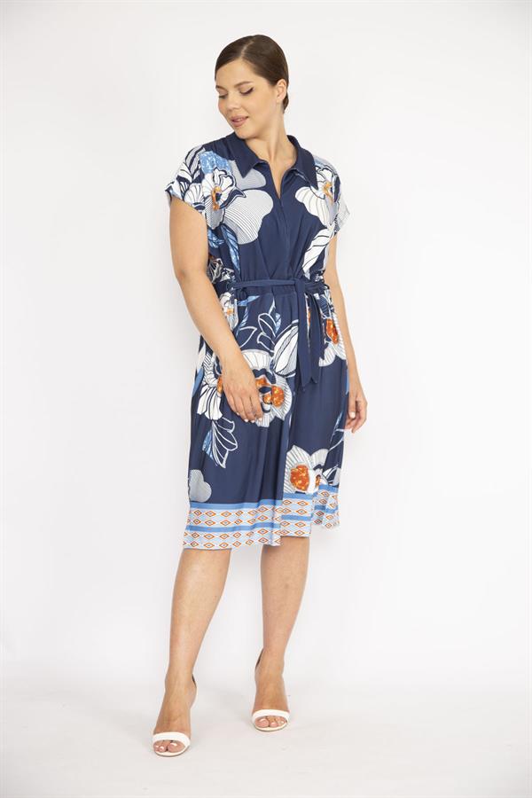 Kadın Lacivert Büyük Beden Yakalı Ön Pat Fermuarlı Beli Kuşaklı Elbise