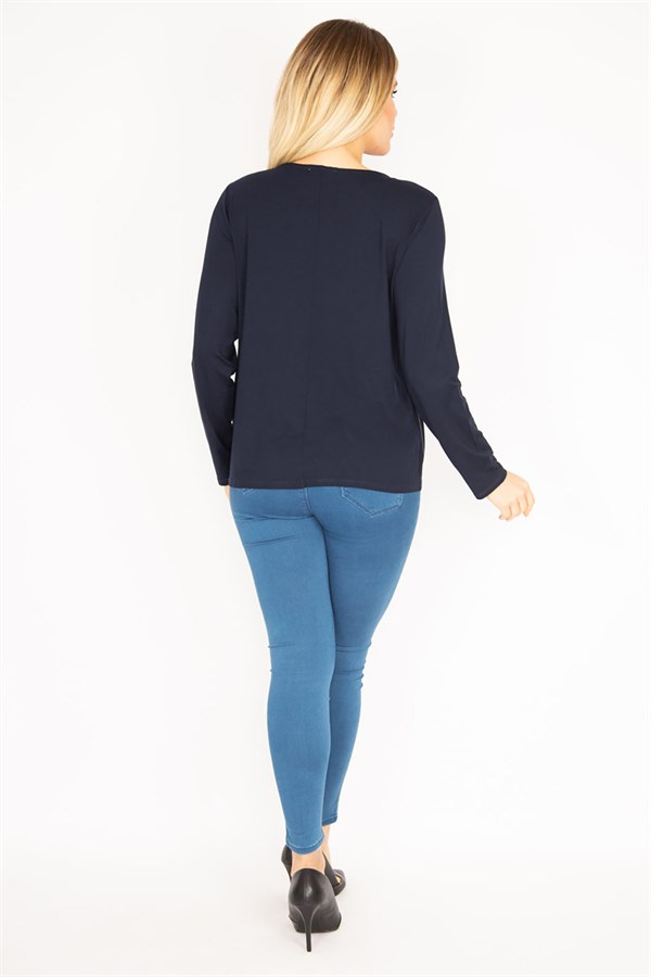 Kadın Lacivert Ön Bağlama Detaylı Bisklet Yaka Bluz 65N35217