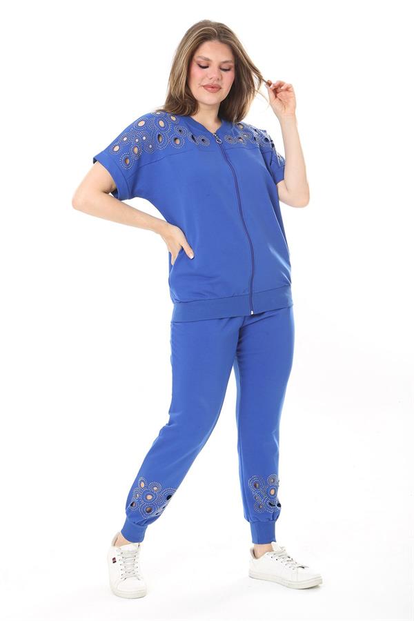 Kadın Büyük Beden Saks Göğüs Ve Paça Detaylı İkili Takım 65N37887