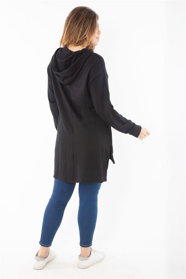 Kadın Büyük Beden Siyah Arkası Uzun Yan Yırtmaçlı Kapşonlu Sweatshirt 65N37310