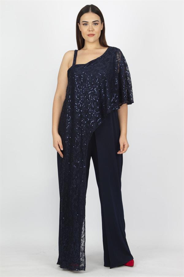 Kadın Lacivert Dantel Detaylı Tulum 65N19614