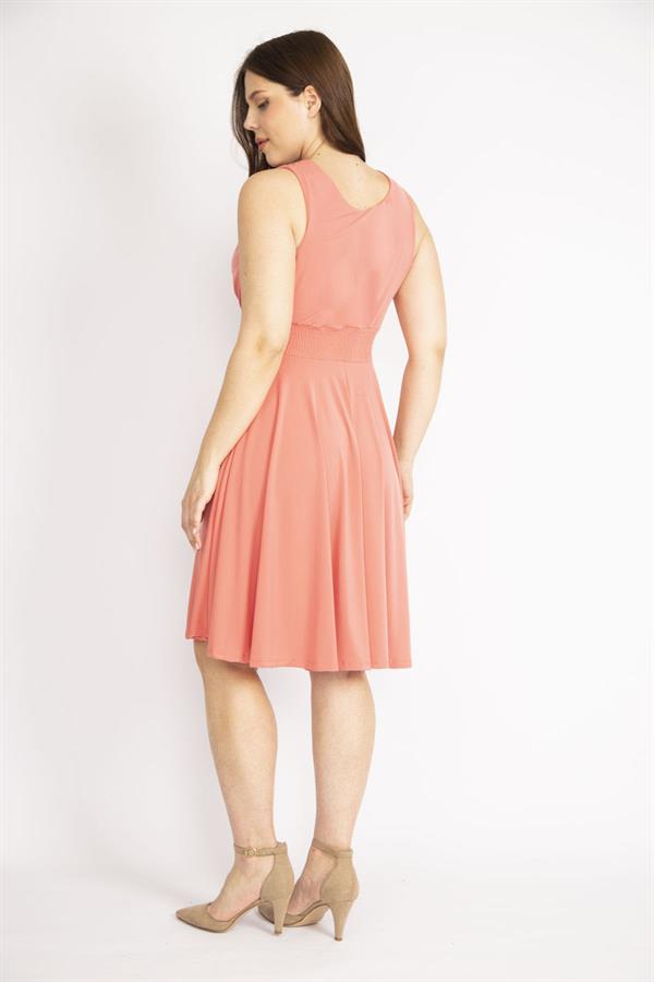 Kadın Nar Büyük Beden Anvelop Yakalı Arka Bel Lastik Detaylı Elbise