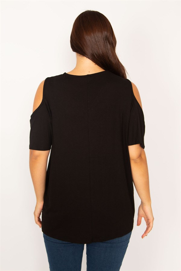 Kadın Siyah Omuz Dekolteli Ön Pat Fermuarlı Rahat Kesim Tunik 65N34206